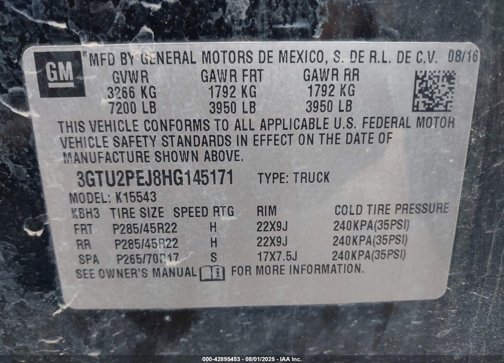2017 GMC SIERRA 1500 VIN: 3GTU2PEJ8HG145171