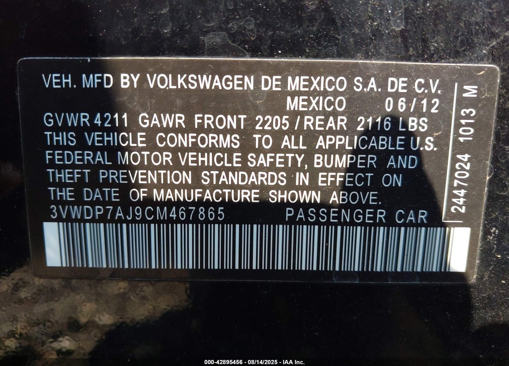 2012 VOLKSWAGEN JETTA VIN: 3VWDP7AJ9CM467865