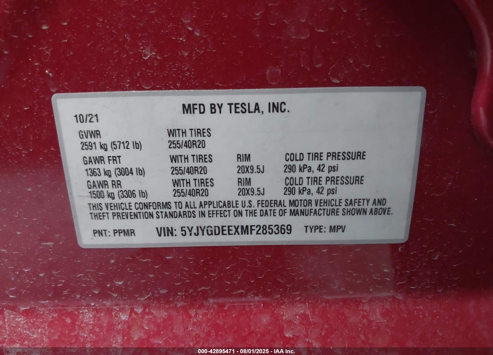 2021 TESLA MODEL Y LONG RANGE DUAL MOTOR ALL-WHEEL DRIVE VIN: 5YJYGDEEXMF285369