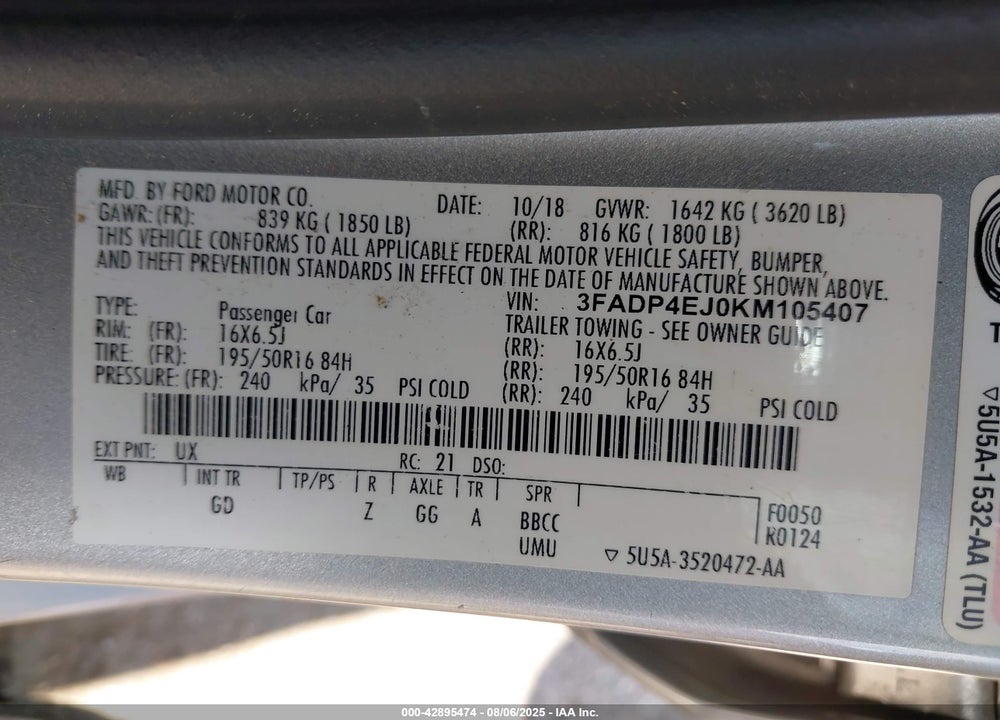 2019 FORD FIESTA VIN: 3FADP4EJ0KM105407