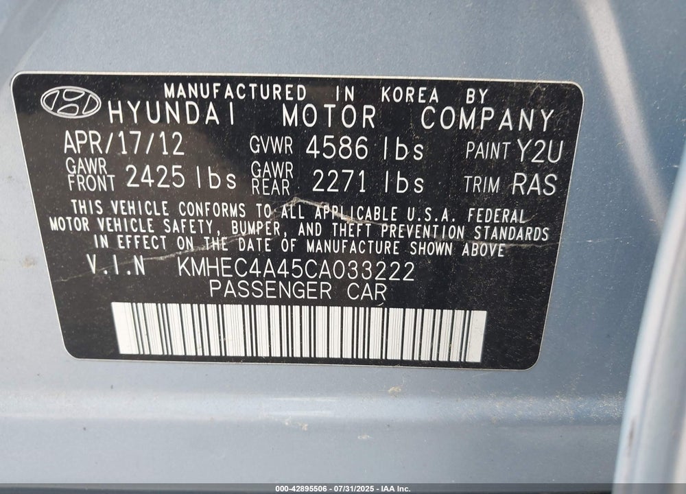 2012 HYUNDAI SONATA HYBRID VIN: KMHEC4A45CA033222