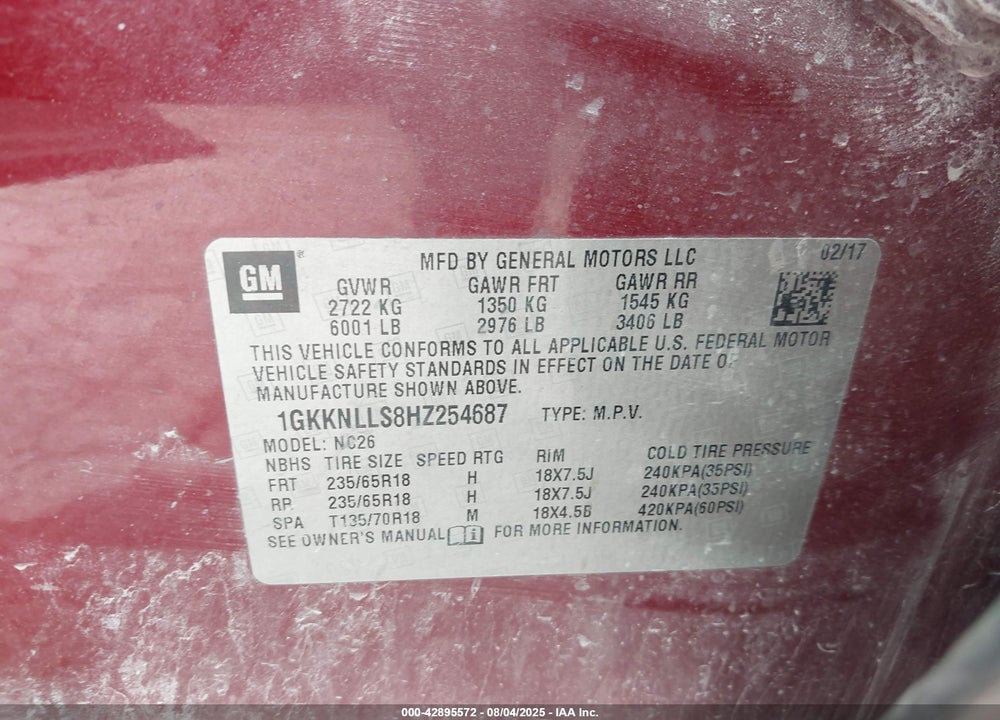 2017 GMC ACADIA SLE-2 VIN: 1GKKNLLS8HZ254687