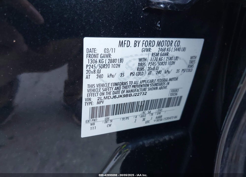 2011 LINCOLN MKX VIN: 2LMDJ6JK9BBJ22732