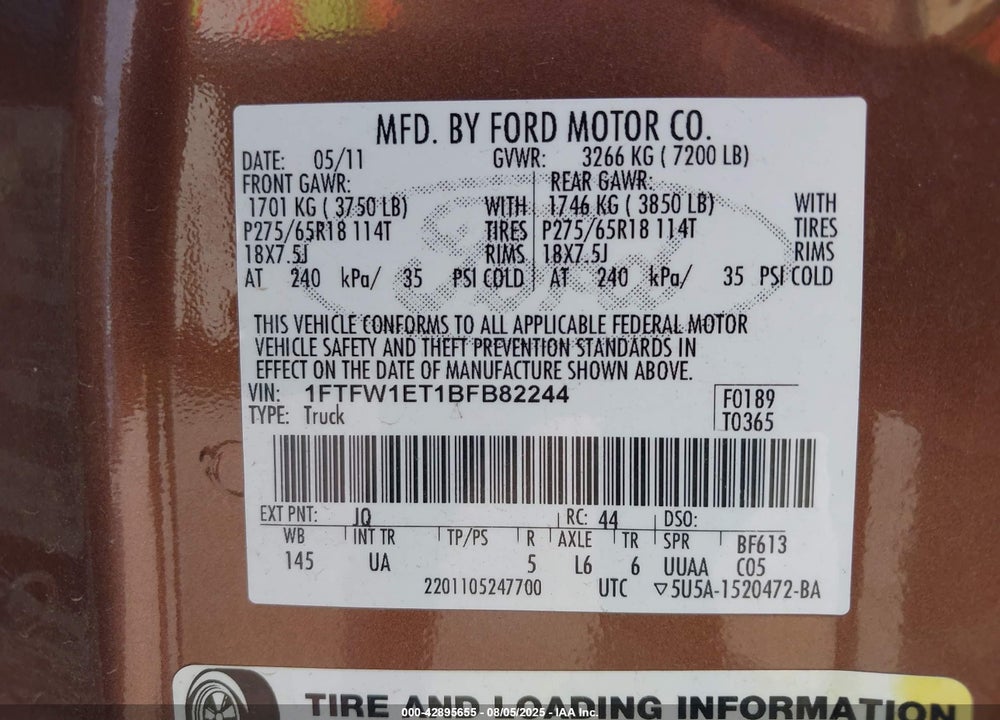2011 FORD F-150 VIN: 1FTFW1ET1BFB82244