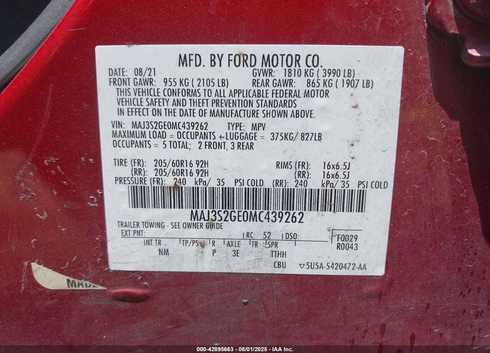2021 FORD ECOSPORT VIN: MAJ3S2GE0MC439262