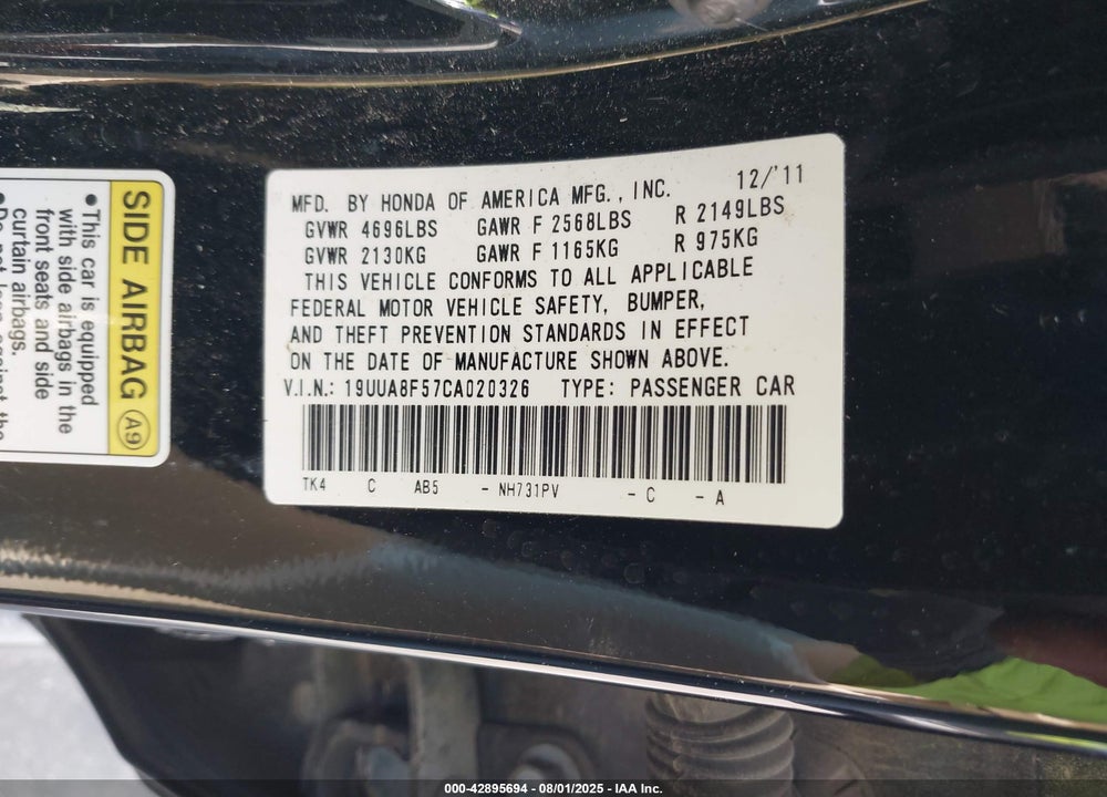 2012 ACURA TL VIN: 19UUA8F57CA020326