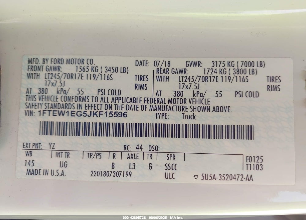 2018 FORD F-150 VIN: 1FTEW1EG5JKF15596