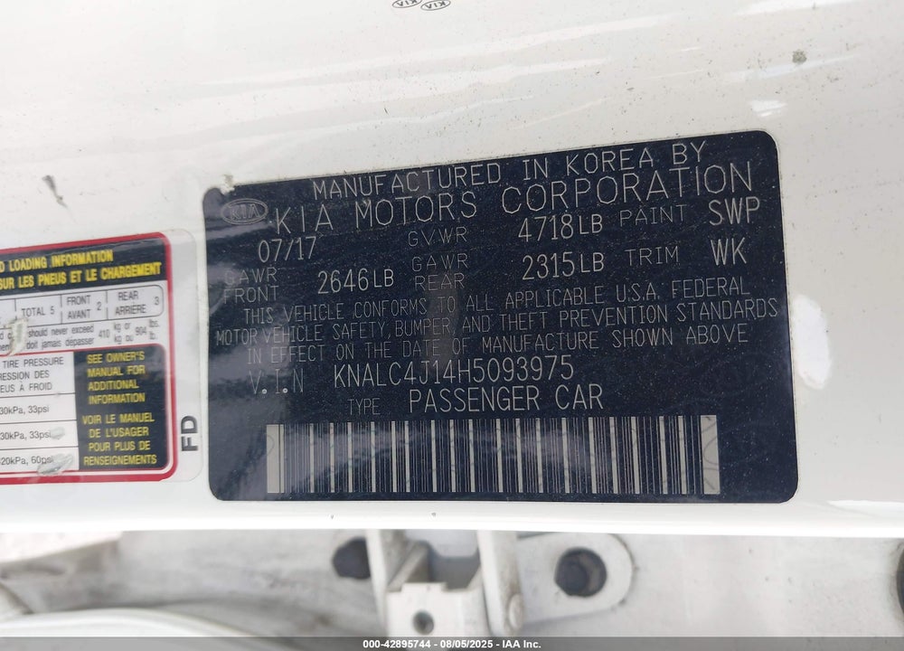 2017 KIA CADENZA VIN: KNALC4J14H5093975