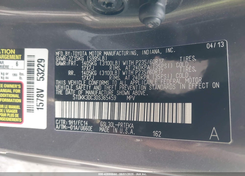 2013 TOYOTA SIENNA LE V6 8 PASSENGER VIN: 5TDKK3DC3DS365459