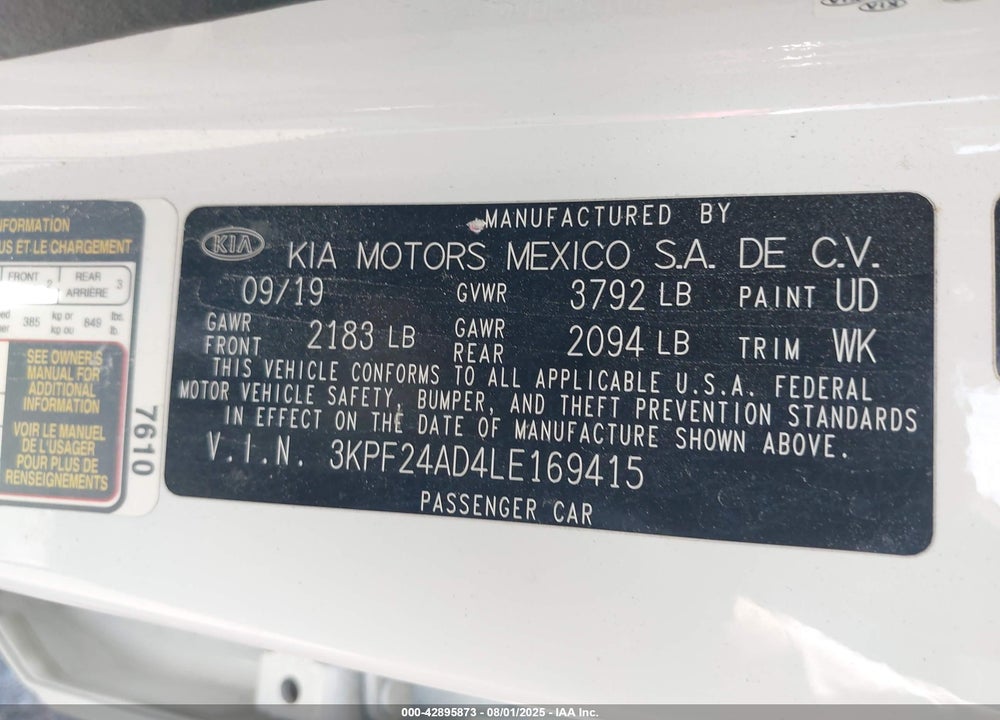 2020 KIA FORTE VIN: 3KPF24AD4LE169415