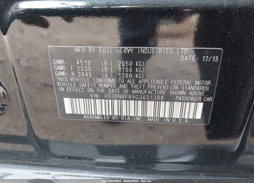 2016 SUBARU LEGACY VIN: 4S3BNAF6XG3031308