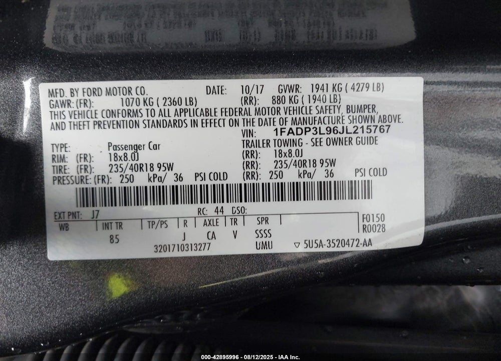 2018 FORD FOCUS VIN: 1FADP3L96JL215767