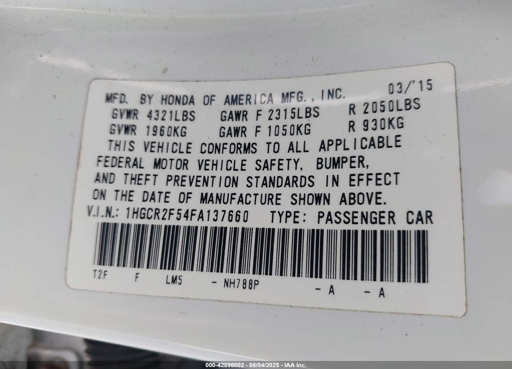 2015 HONDA ACCORD VIN: 1HGCR2F54FA137660