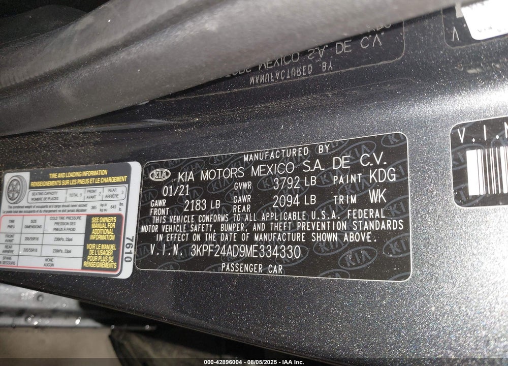 2021 KIA FORTE LXS VIN: 3KPF24AD9ME334330