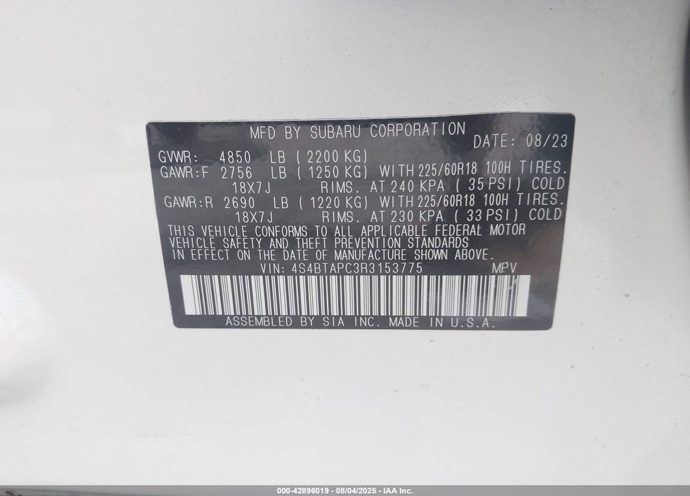 2024 SUBARU OUTBACK TOURING VIN: 4S4BTAPC3R3153775