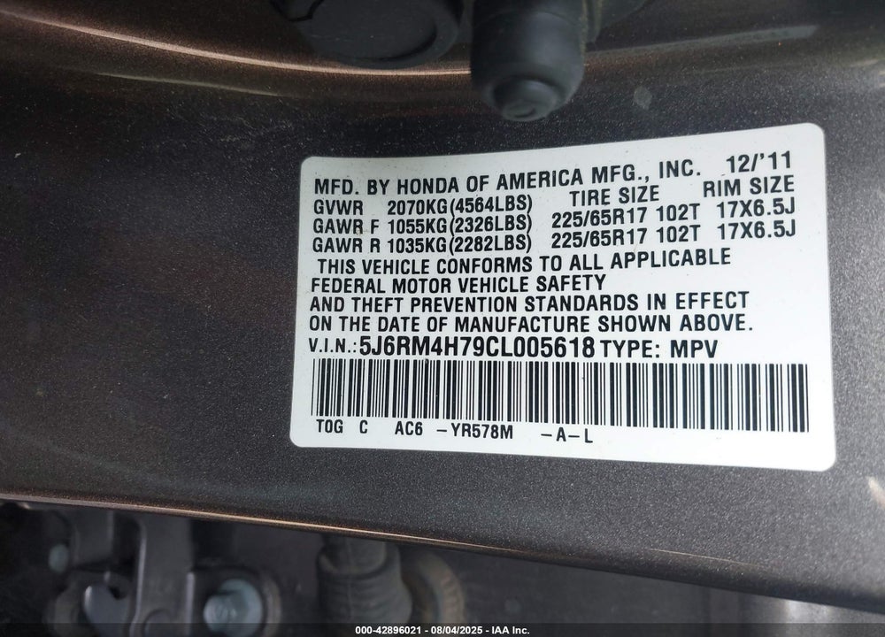 2012 HONDA CR-V VIN: 5J6RM4H79CL005618