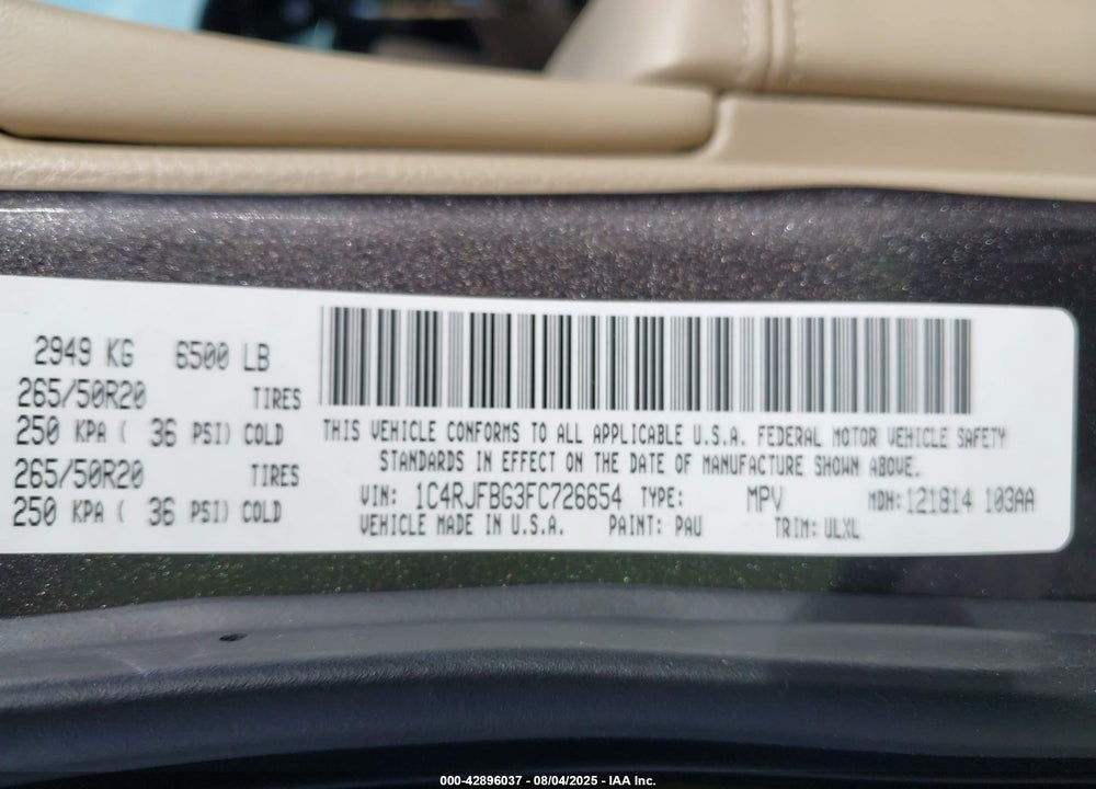 2015 JEEP GRAND CHEROKEE VIN: 1C4RJFBG3FC726654