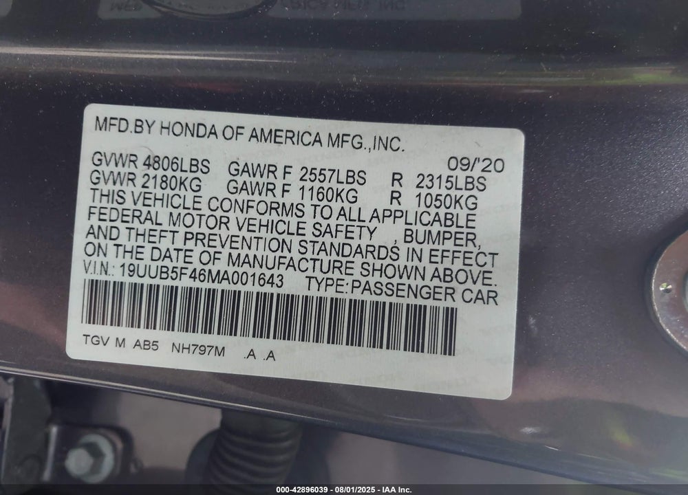 2021 ACURA TLX VIN: 19UUB5F46MA001643