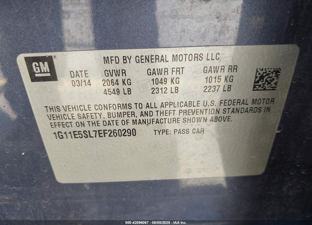 2014 CHEVROLET MALIBU 2LT VIN: 1G11E5SL7EF260290