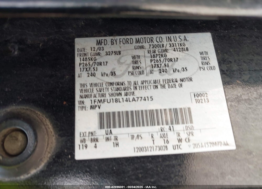 2004 FORD EXPEDITION EDDIE BAUER VIN: 1FMFU18L14LA77415