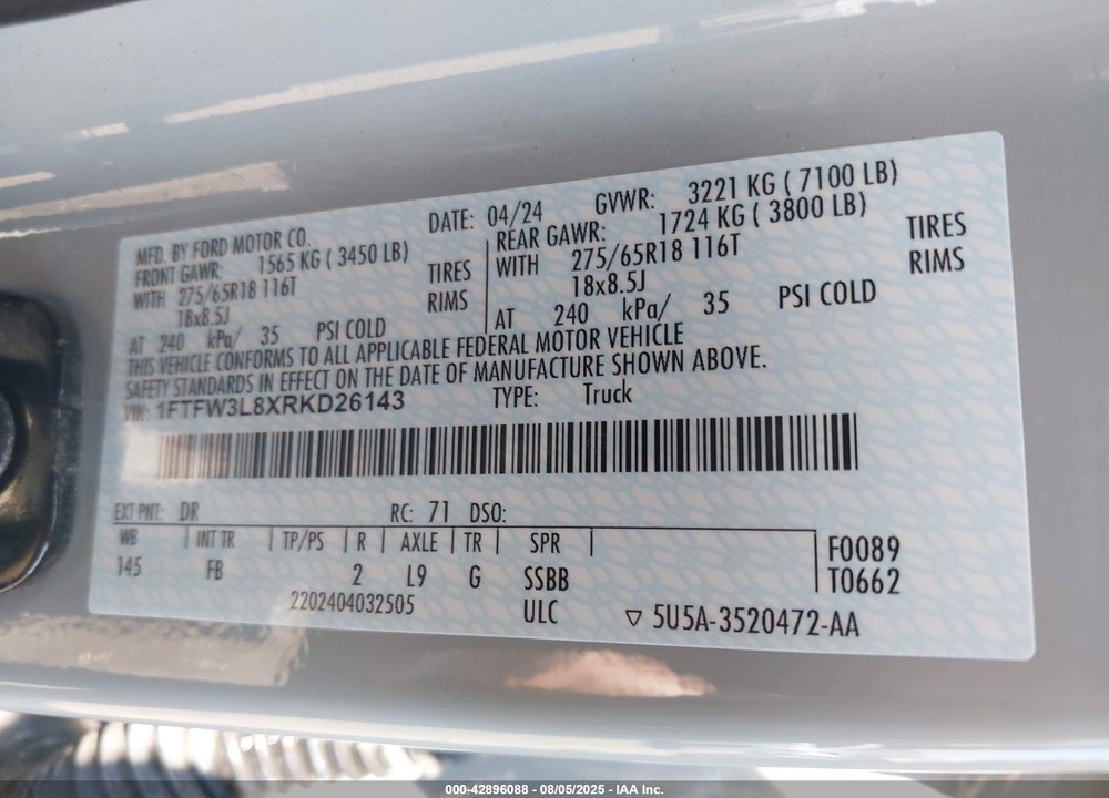 2024 FORD F-150 VIN: 1FTFW3L8XRKD26143