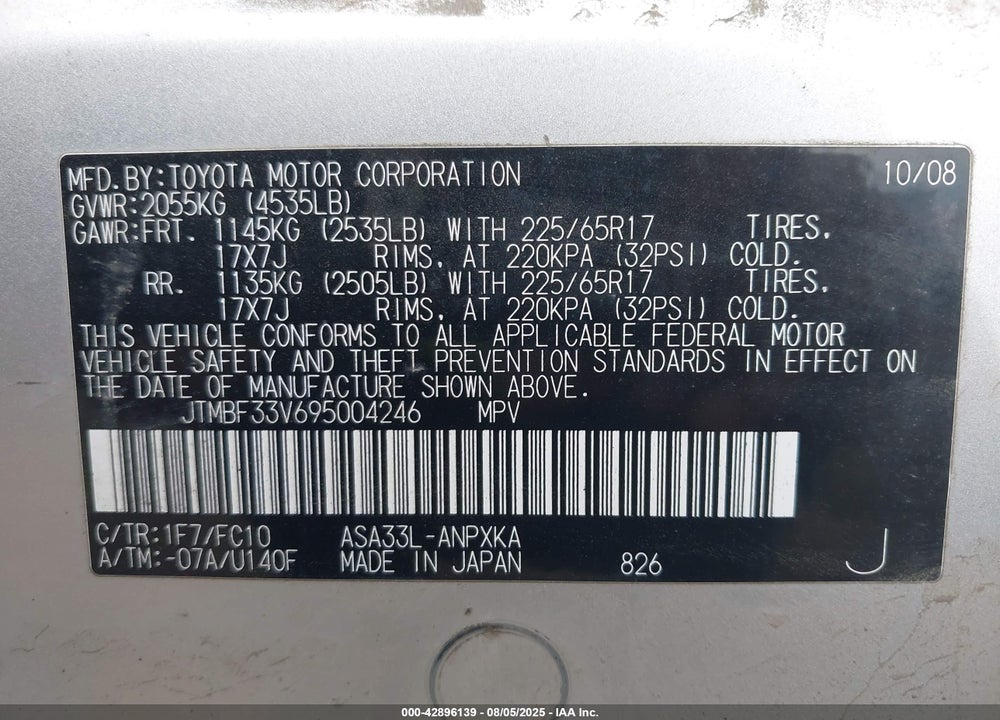 2009 TOYOTA RAV4 VIN: JTMBF33V695004246