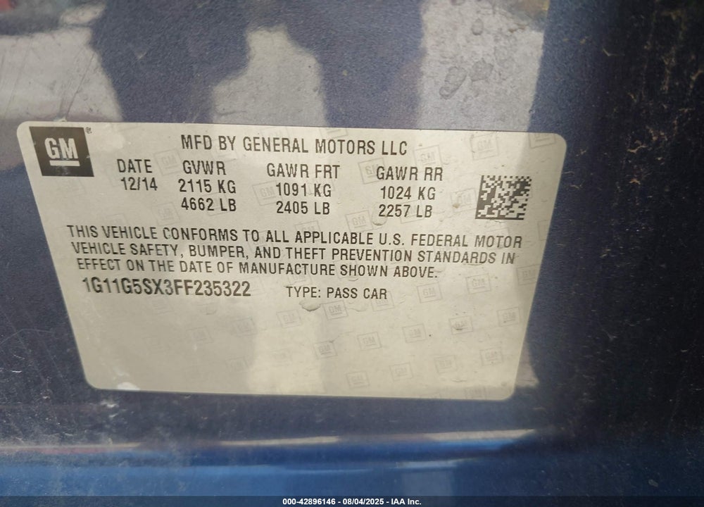 2015 CHEVROLET MALIBU VIN: 1G11G5SX3FF235322