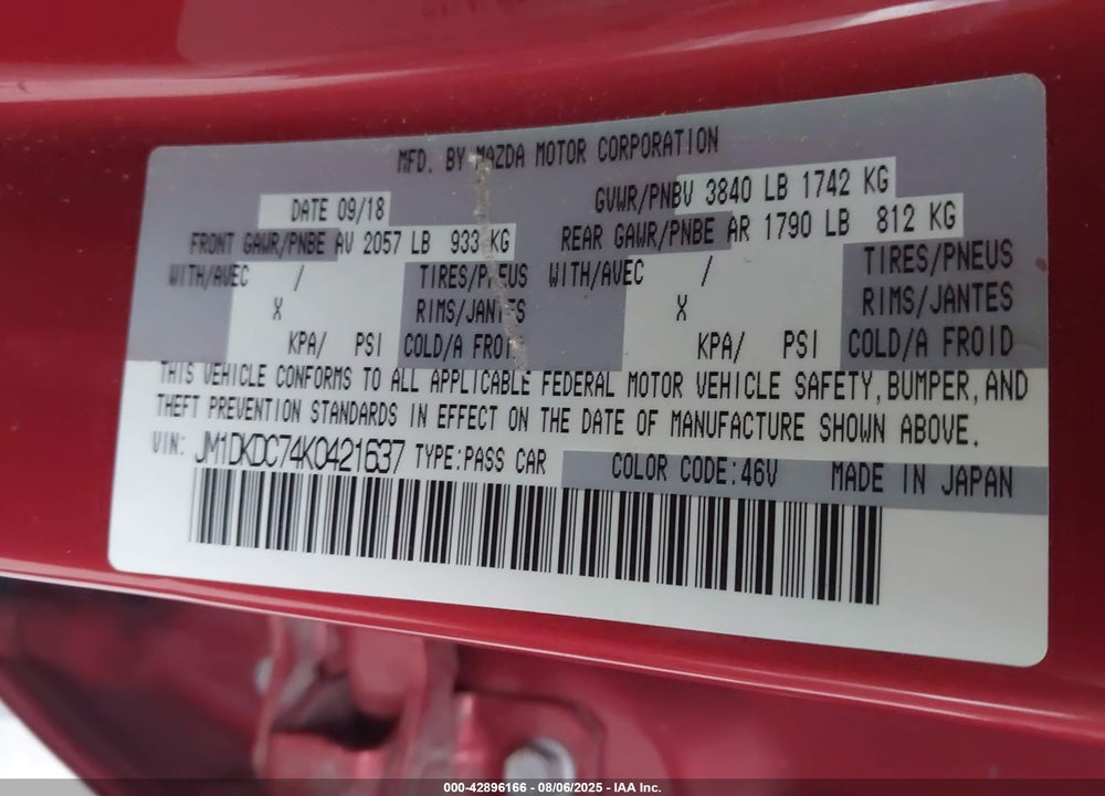 2019 MAZDA CX-3 VIN: JM1DKDC74K0421637