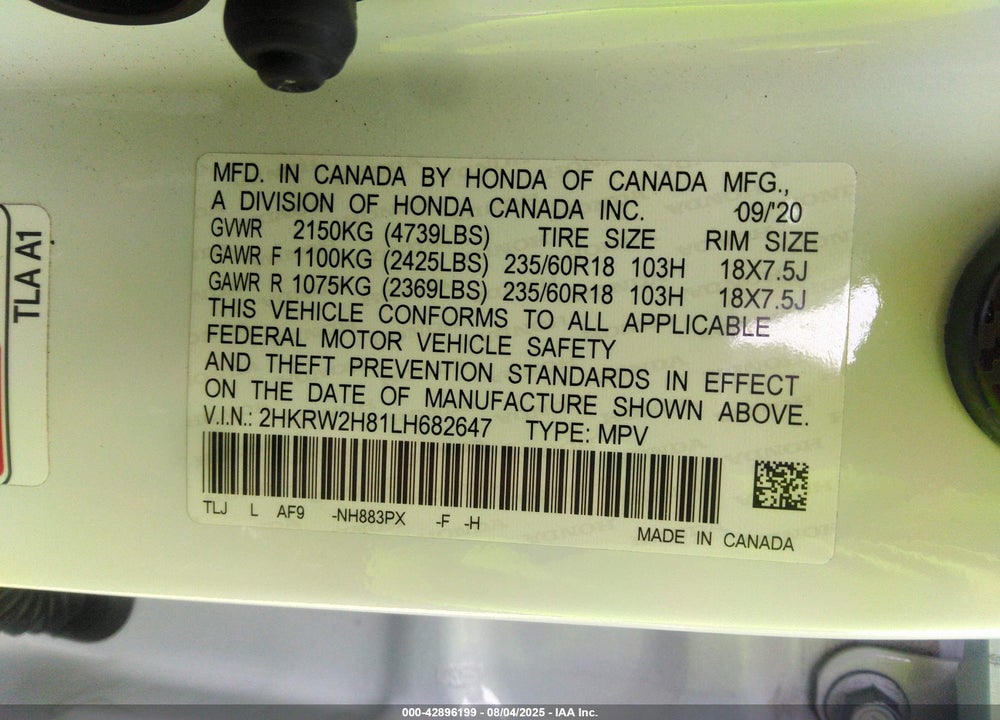 2020 HONDA CR-V VIN: 2HKRW2H81LH682647