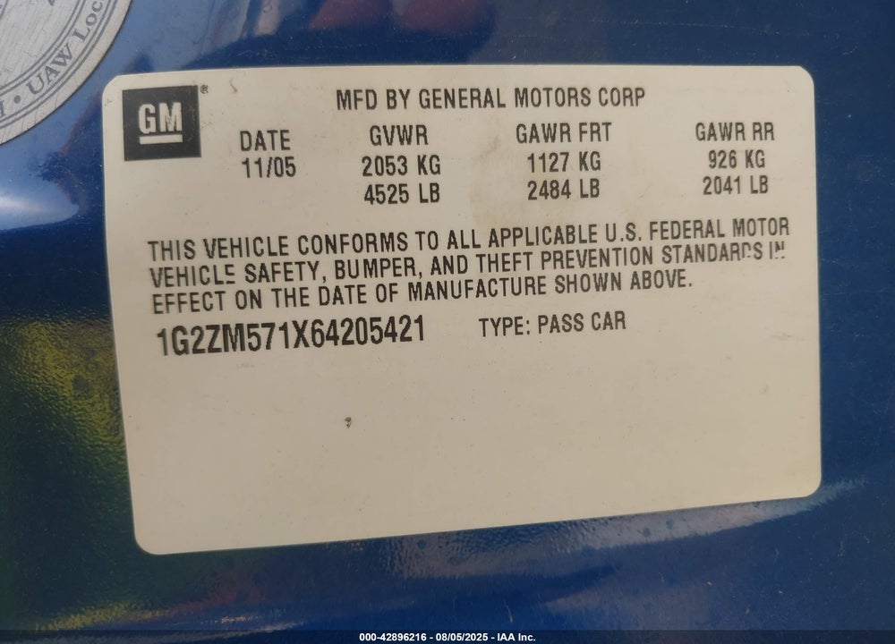 2006 PONTIAC G6 GTP VIN: 1G2ZM571X64205421