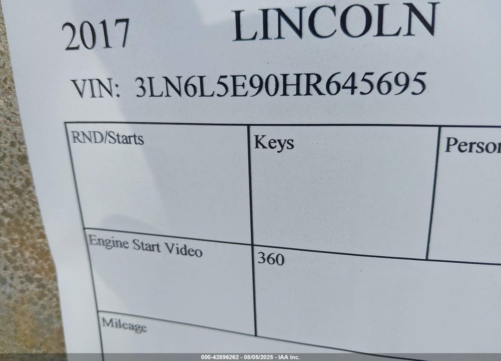 2017 LINCOLN MKZ VIN: 3LN6L5E90HR645695