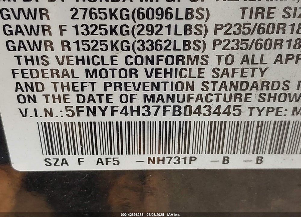 2015 HONDA PILOT SE VIN: 5FNYF4H37FB043445