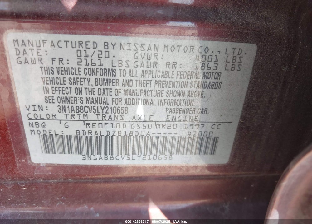 2020 NISSAN SENTRA VIN: 3N1AB8CV5LY210658