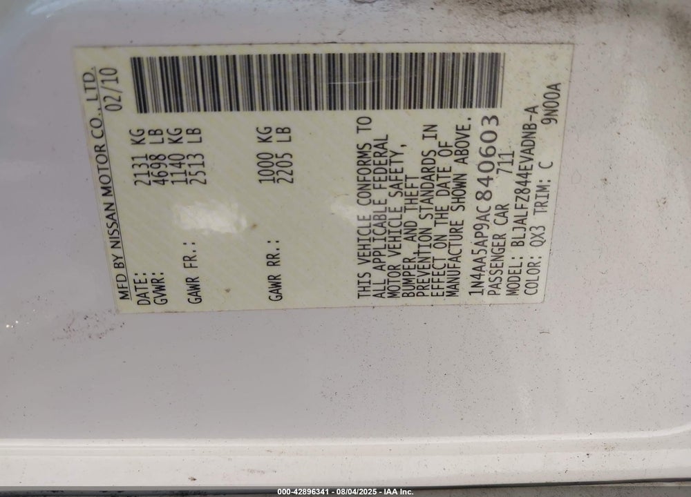 2010 NISSAN MAXIMA VIN: 1N4AA5AP9AC840603