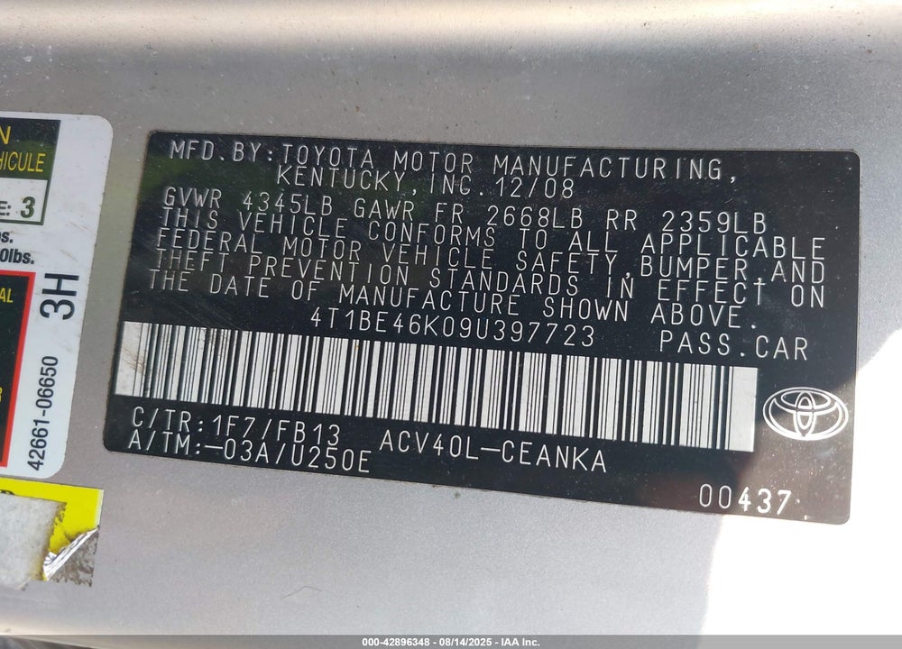 2009 TOYOTA CAMRY VIN: 4T1BE46K09U397723