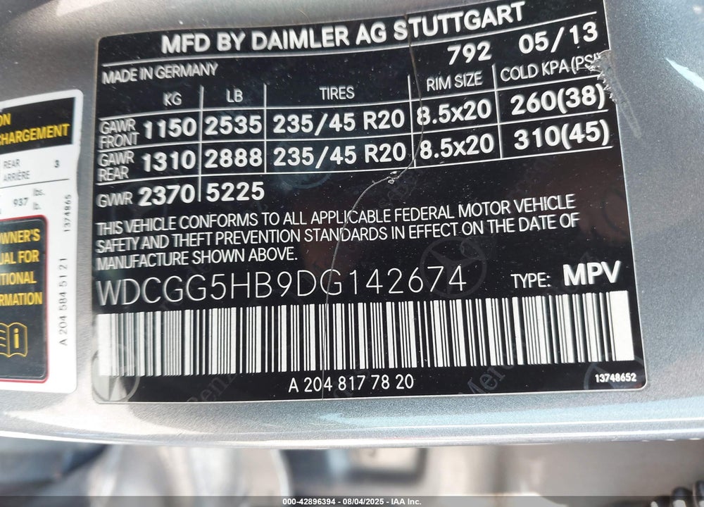 2013 MERCEDES-BENZ GLK-CLASS VIN: WDCGG5HB9DG142674