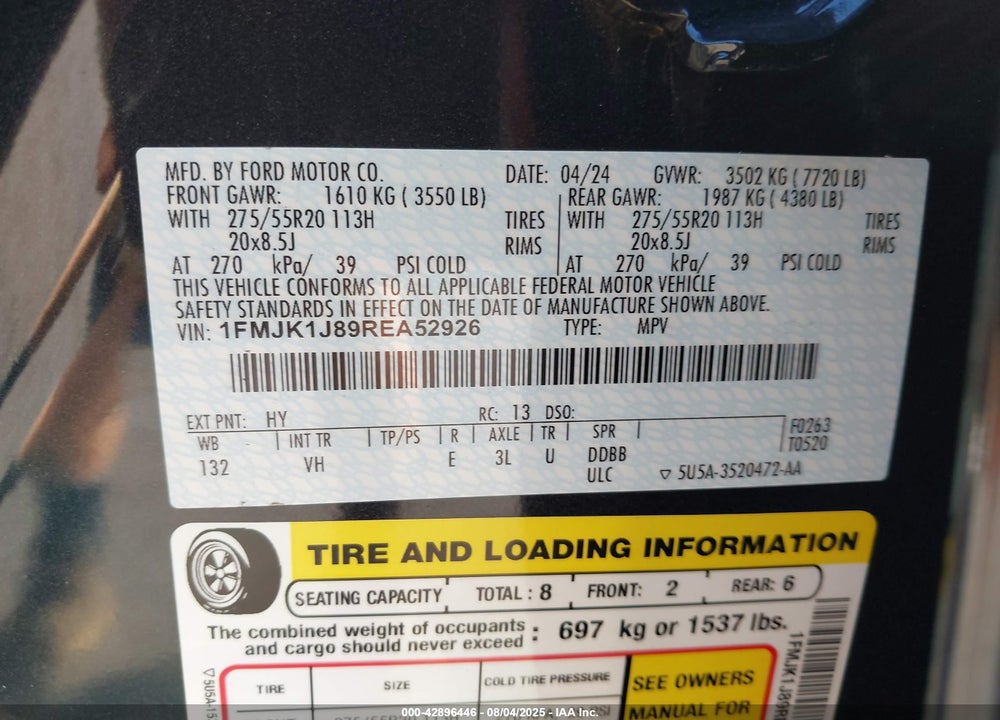 2024 FORD EXPEDITION VIN: 1FMJK1J89REA52926