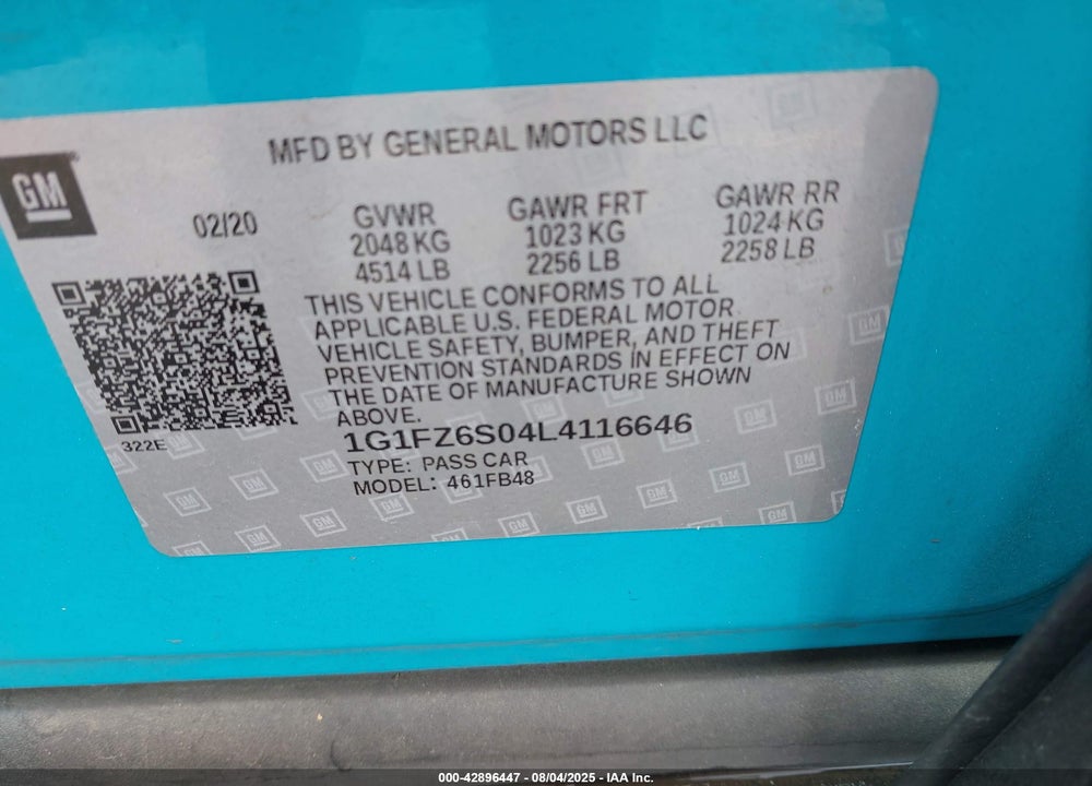 2020 CHEVROLET BOLT EV VIN: 1G1FZ6S04L4116646