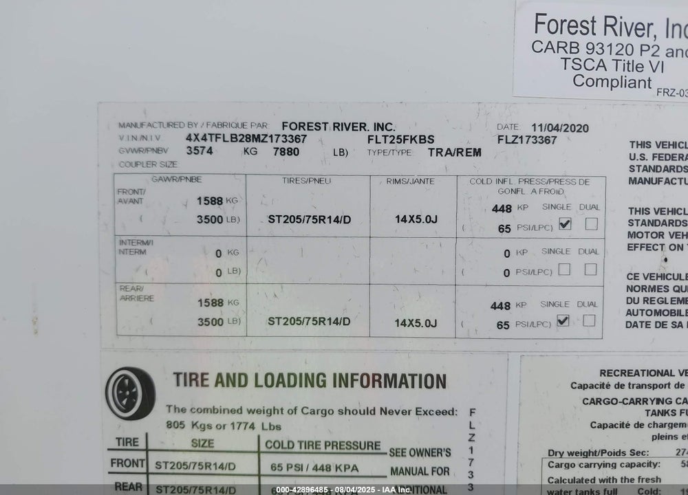 2021 FLAGSTAFF 25FKBS TRAVEL TRAILER VIN: 4X4TFLB28MZ173367