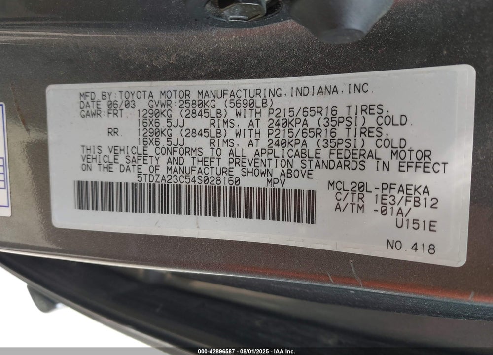 2004 TOYOTA SIENNA LE VIN: 5TDZA23C54S028160