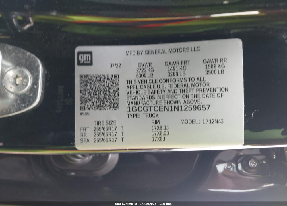 2022 CHEVROLET COLORADO VIN: 1GCGTCEN1N1259657