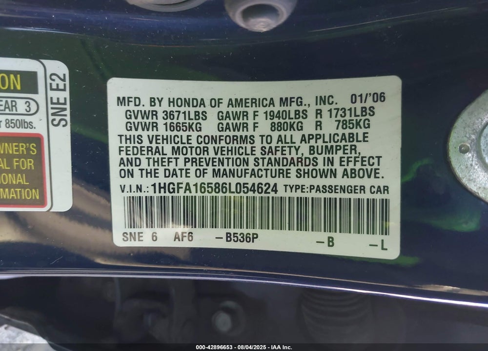2006 HONDA CIVIC LX VIN: 1HGFA16586L054624
