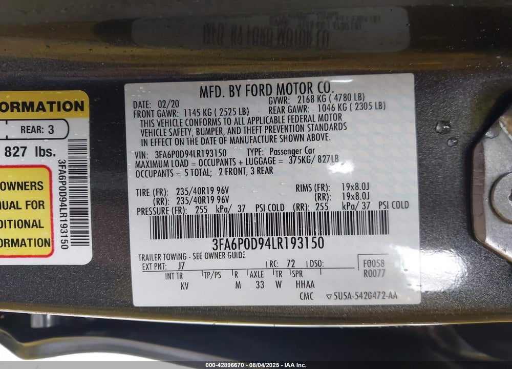 2020 FORD FUSION VIN: 3FA6P0D94LR193150
