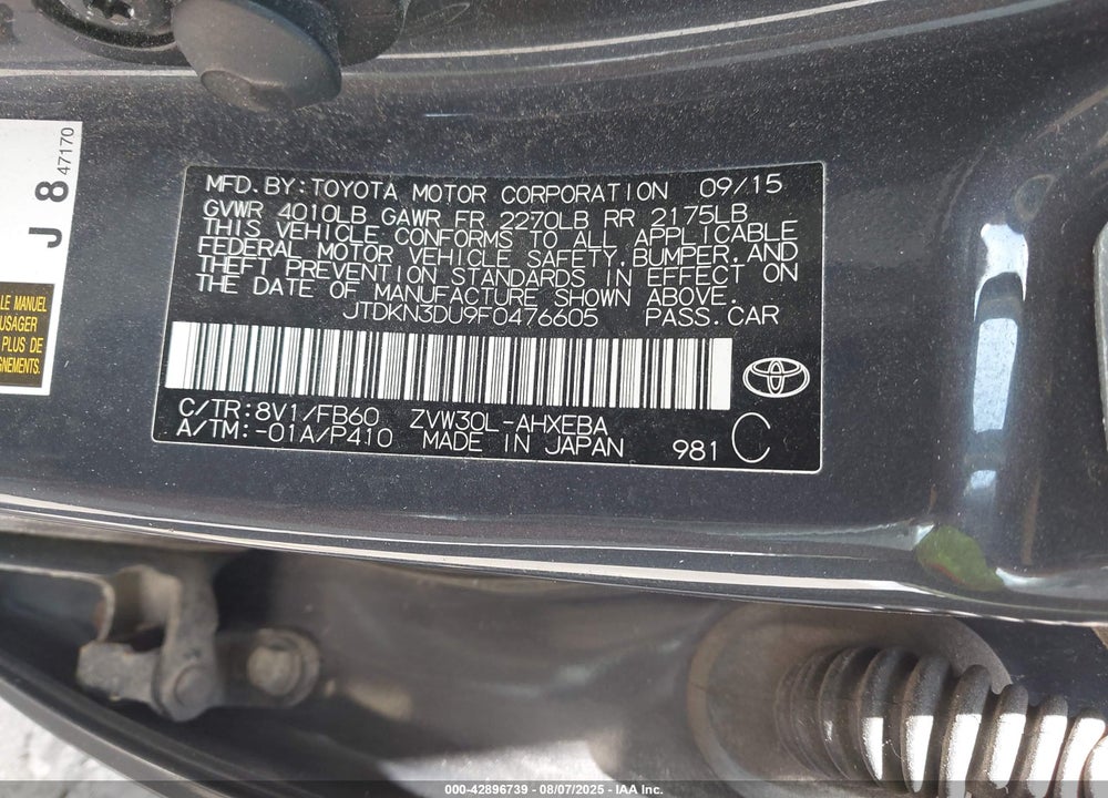 2015 TOYOTA PRIUS VIN: JTDKN3DU9F0476605