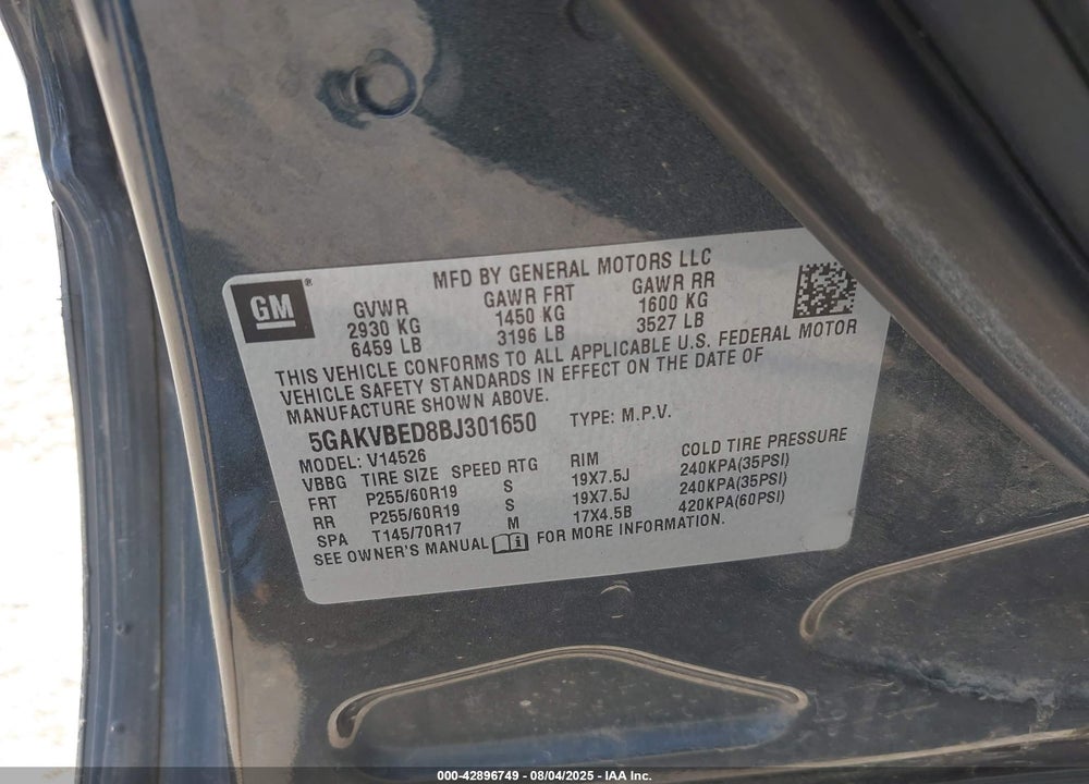 2011 BUICK ENCLAVE VIN: 5GAKVBED8BJ301650