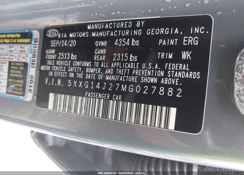 2021 KIA K5 VIN: 5XXG14J27MG027882