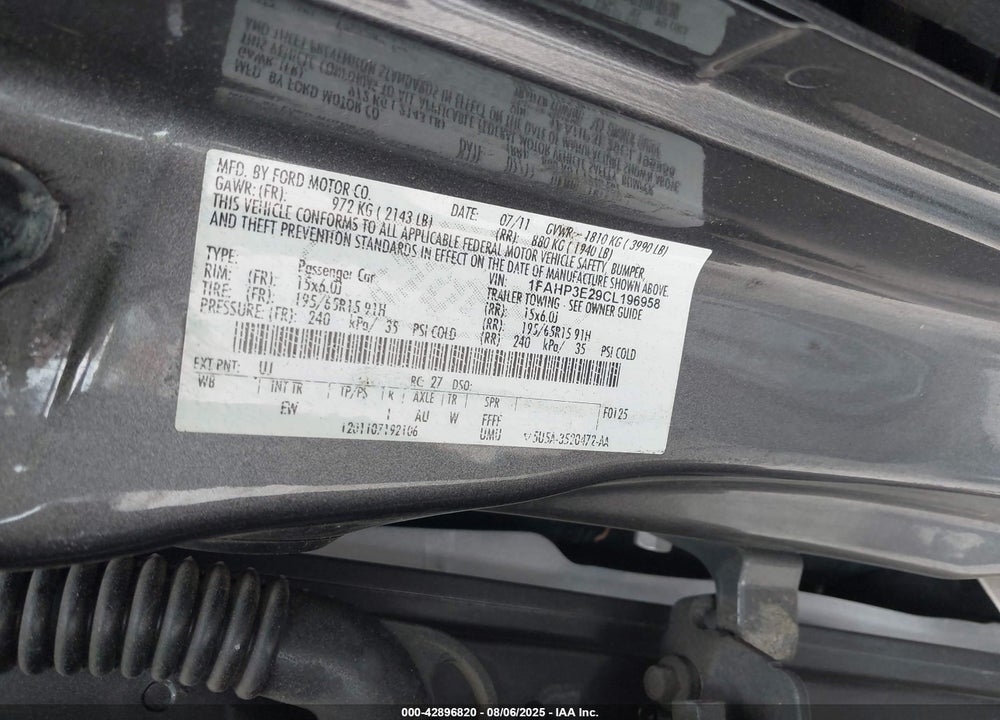 2012 FORD FOCUS VIN: 1FAHP3E29CL196958