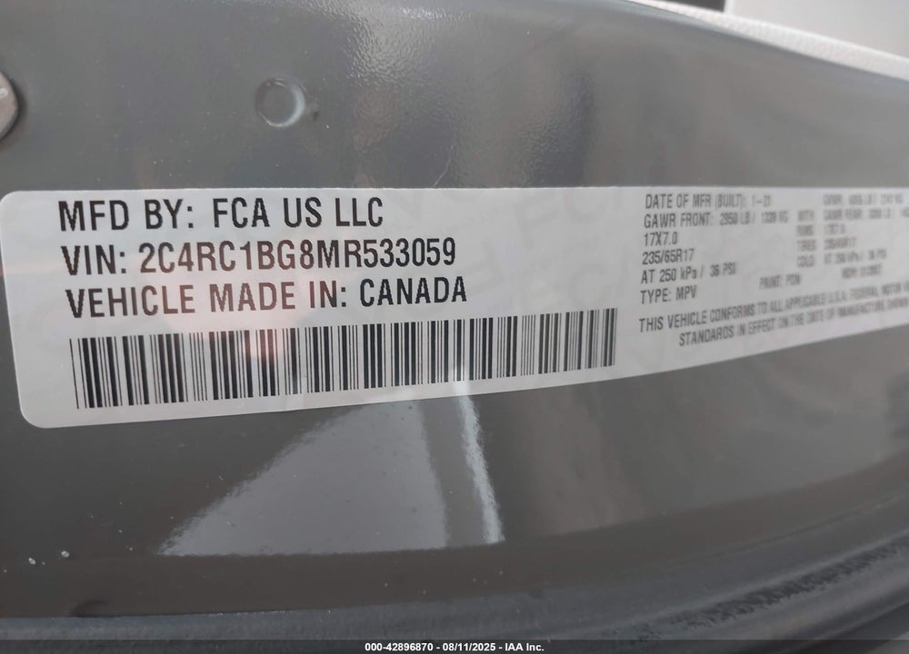 2021 CHRYSLER PACIFICA TOURING L VIN: 2C4RC1BG8MR533059