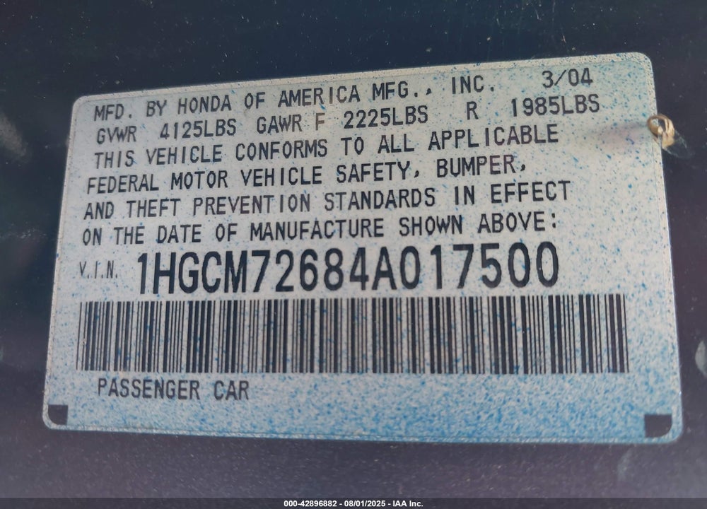2004 HONDA ACCORD 2.4 EX VIN: 1HGCM72684A017500