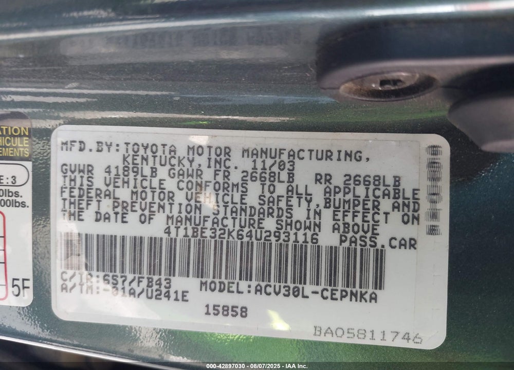 2004 TOYOTA CAMRY VIN: 4T1BE32K64U293116